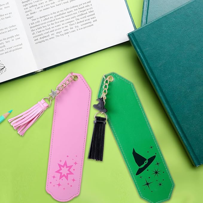Skyygemm 2 Pcs Leather Witch Bookmark Set Print Witch Book Accessories Pink and Green Bookmark for Bookish Lover Gift Movie Musical Fans Gift Party Favors