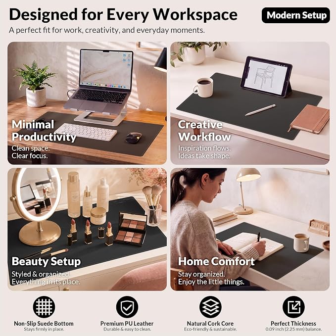 AFIING Cork Desk Mat, Black, 31.5" x 17",Desk Pad Protector | Dual-Sided Cork & PU Leather, Large Mouse Pad, Non-Slip & Waterproof