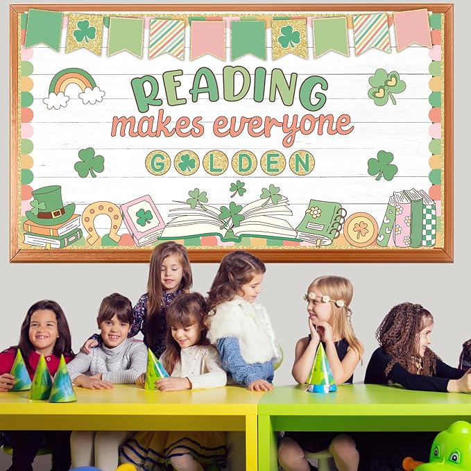 St. Patrick's Day Reading Bulletin Board Motivational Reading Bulletin Board Decor Lucky Shamrock Rainbow Gold Coin Paper Cutouts for St. Patrick Party Supplies Classroom Library Inspirational Decor