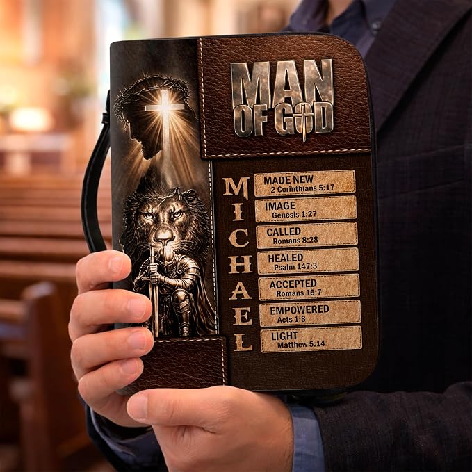 Personalized Man of God Bible Cover, God Says I Am Bible Case PU Leather, Bible Holder Handle Zipper, Faith Scripture with Name Case Bag, Religious Gifts for Church Christians Women Men (05)