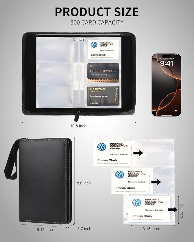 Leather Business Card Book Holder Organizer, Professional Name Card Book Holder with 300 Card Capacity, Portable PU Credit Card Wallet File Sleeve Storage for Men Women,50 Pack Sleeves Zipper Closure