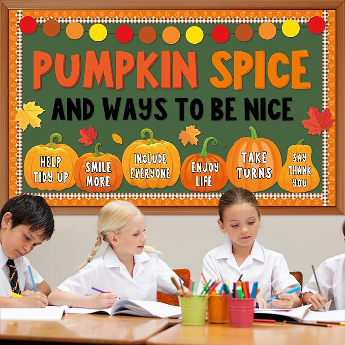 gisgfim Thanksgiving Pumpkin Bulletin Board Decorations Fall Classroom Pumpkin Spice and Ways to Be Nice Paper Cutouts Autumn Bulletin Board Set DIY Craft for School Office Wall Door Decor Supplies