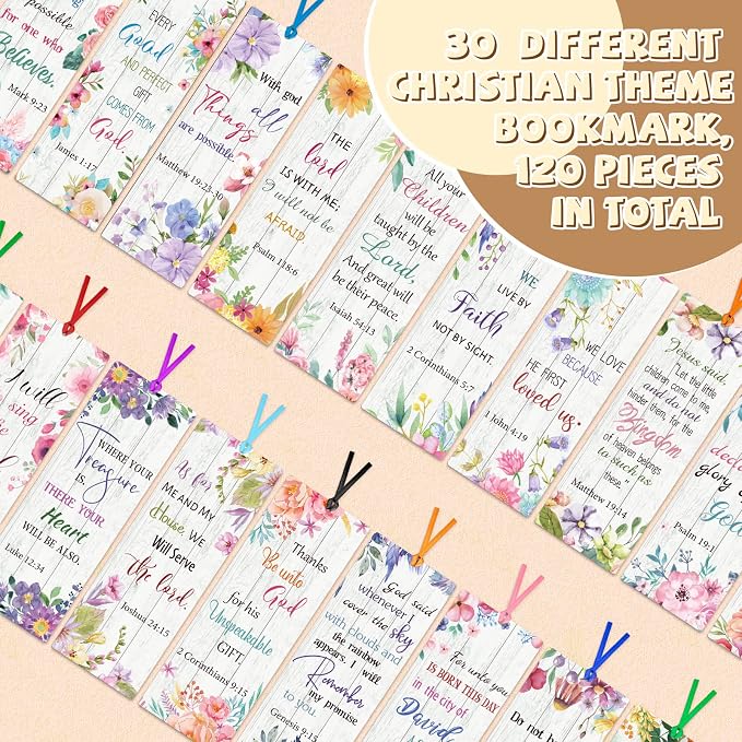 Chinco 120 Pack Bible Verse Bookmarks Inspirational Scripture Christian Book Markers Religious Motivational Encouragement Flower Page Clips Presents for Women Office Supplies