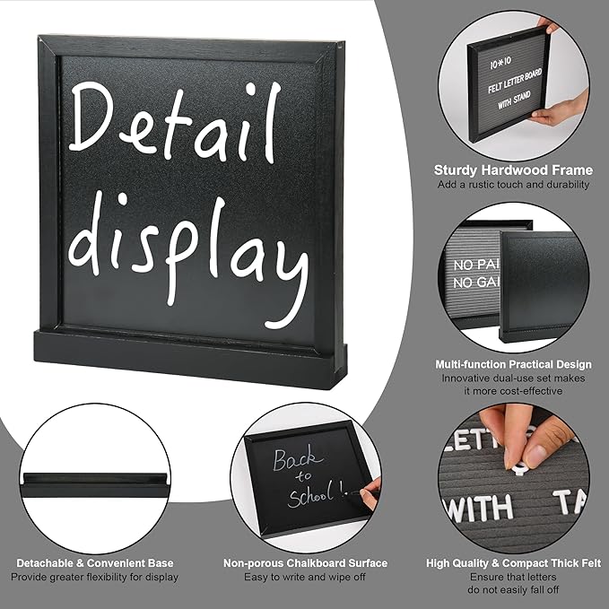 10" x 10" Double Sided Chalkboard Sign with Stand, Small Chalk Board Blackboard Wood Frame Felt Letter Board with 12 Chalk Markers and 340 Letters (Black)