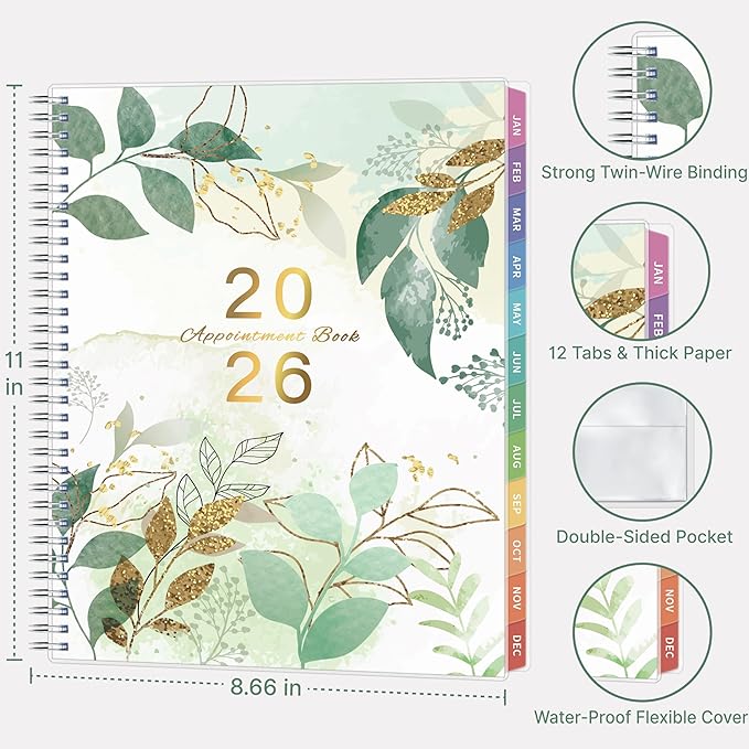 2026 Appointment Book, 30 Minutes-Hourly, Weekly ＆ Monthly Calendar Planner 2026, Jan 2026 - Dec 2026, 8.5'' x 11'', 2026 Daily Planner with Tabs ＆Pocket, Flexible Cover, Great for Office, Home, School