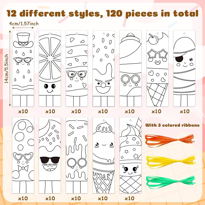 120Pcs Ice Cream Color Your Own Bookmarks - Summer Ice Cream Popsicle DIY Coloring Blank Bookmarks for School Classroom Rewards Reading Activity Gifts Crafts Birthday Party Favors Supplies