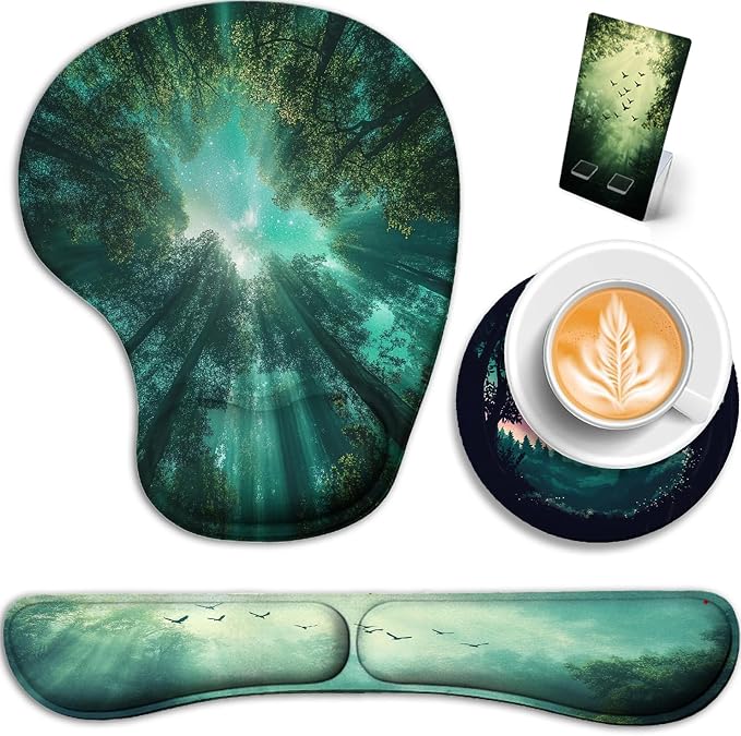 AQQA Desk Pad and Keyboard Wrist Rest,Large Mouse Pad + Keyboard Pad+Mouse Wrist Support+Coaster +Mobile Phone Holder, Non-Slip Desk Mat Protector for Office, Home(31.5×15.7 Inches,Forest Tree)