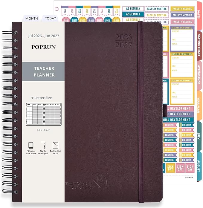 POPRUN Teacher Lesson Planner 2026-2027, (Letter Size - 8.5'' x 11'') Academic Planner July 2026 - June 2027 with Gradebook & Color Monthly Tabs, Thick Paper, 2-Sided Pocket, Leather Cover, Brown