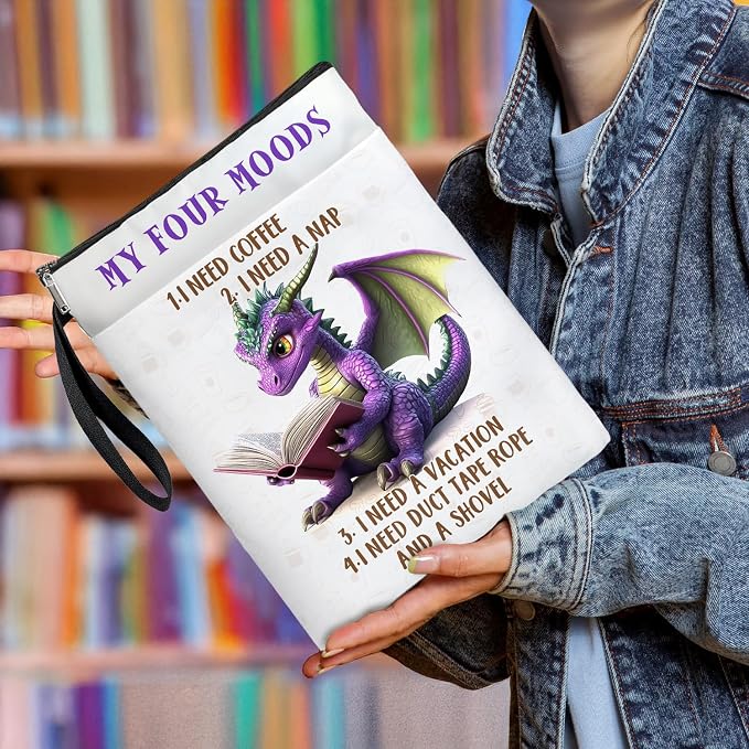 Purple Dragon Book Cover, Waterproof Book Sleeve with Zippered Front Pocket Retro Flowers Book Pouch for Book Lovers, Christmas, Birthday, Graduation Gifts (Purple Dragon, Large)