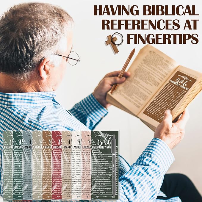 Feifeiya 50 Sets Christian Fathers Day Gifts Bulk Religious Pens Bible Verse Emergency Numbers Bookmark Scripture Catholic Gift for Women Men Church Welcome Sunday School(Christmas Color,English)