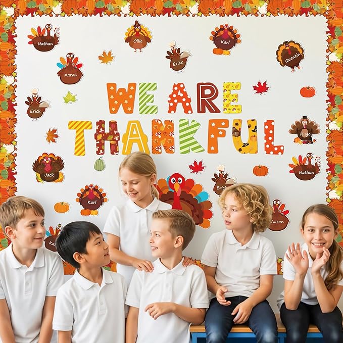 YUUIKLLE 97pcs Thanksgiving Turkey Bulletin Board Decoration Set Fall Turkey Pumpkin Maple Leaf Autumn Harvest Bulletin Board Cutouts,for Home Office School Chalkboard Wall Door Decor