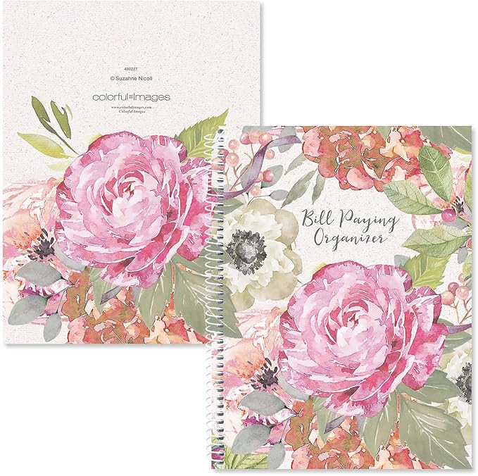 Current Pale Peony Paying Organizer Book - 9" x 12” Personal Account Book, Spiral Bound, 14 Storage Pockets, 32 Label Stickers, Monthly Finance & Payment Management Tracker for Home & Office