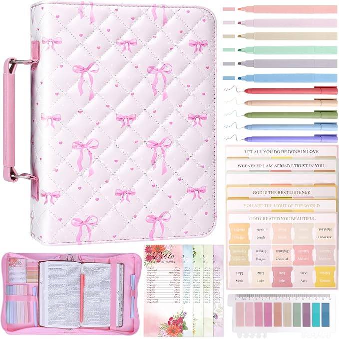 XKDOUS Bible Cover Case for Women Leather Quilted Bible Bag Organizer Large Book Carrying Case with Handle, Pens, Tabs, Study Supplies Journaling Kit Christian Gifts for Mom, Lady
