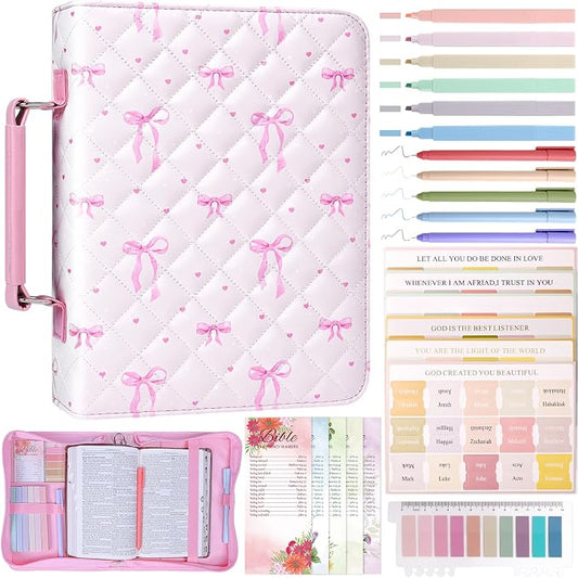 XKDOUS Bible Cover Case for Women Leather Quilted Bible Bag Organizer Large Book Carrying Case with Handle, Pens, Tabs, Study Supplies Journaling Kit Christian Gifts for Mom, Lady