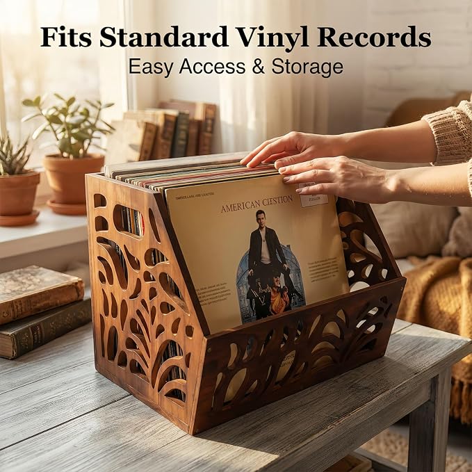 Vintage Vinyl Record Storage, Album Holder Storage 60+ LPs, Classic Vinyl Organizer Cube, Wooden Crate Box for Record Magazine Display (Patent Pending)