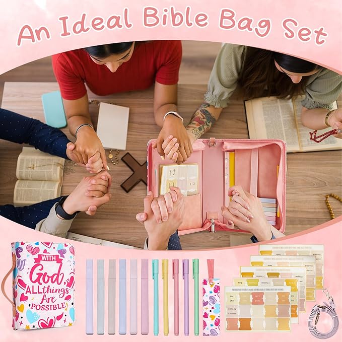 19PCS Pink Love Heart Leather Bible Cover for Women Bible Cover Cases for Teen Girls Christmas Gift Christian Church Carrying Bag Journaling Kit with Shoulder Strap Highlighter Pens Book & Marker