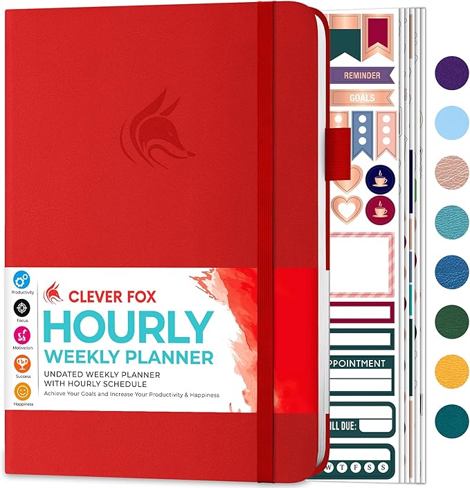 Clever Fox Planner Schedule – Undated Weekly & Monthly Life Planner with Time Slots, Appointment Book & Daily Organizer, A5 (Red)