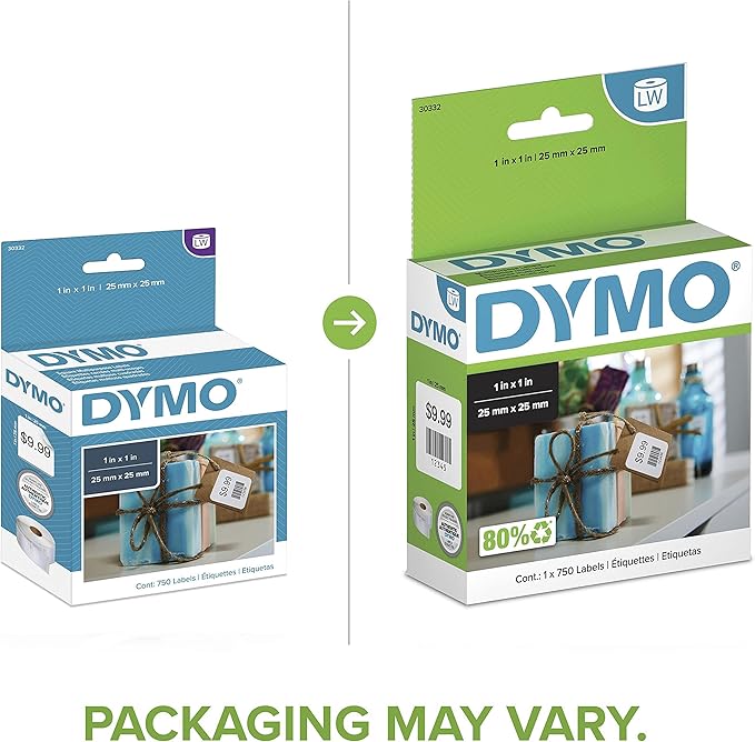 DYMO Authentic LW Multi-Purpose Square Labels DYMO Labels for LabelWriter Printers Great for Barcodes 1" x 1" 1 Roll of 750,(Pack of 10)