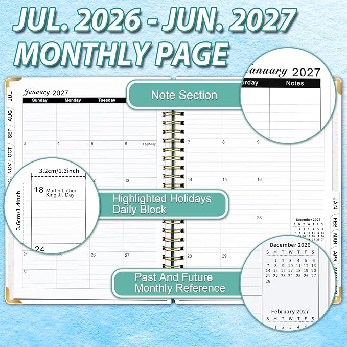 Weekly Monthly Planner 2026-2027, Weekly Planner from Jul 2026-Jun 2027, 6.3" X 8.5" Daily Planner with Tabs, Bookmark, Calendar Planner for Women Girls, Planners Spiral Bound at School/Office