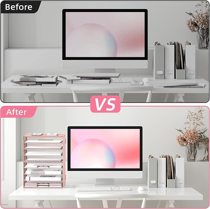 DALTACK 9-Tier Paper Organizer for Desk, Mesh Letter Tray Desk Organizer with Handles, Space-Saving File Organizer for Office Home School, Pink