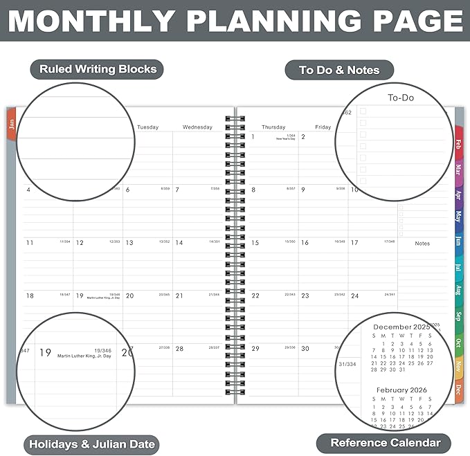 2026 Planner – 2026 Planner Weekly and Monthly, 9" x 11", Large, Jan 2026 – Dec 2026, 12 Monthly Tabs, Strong Twin-Wire Binding, Inner Pocket, Hardcover, Grey