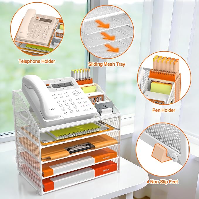 DocNest 5 Tier Metal Mesh Letter Tray - Space Saving Desk File Organizer with Handle, Pen Holder & Folder Holder - Desktop Document Sorter for Office, Home, School, Classroom - White