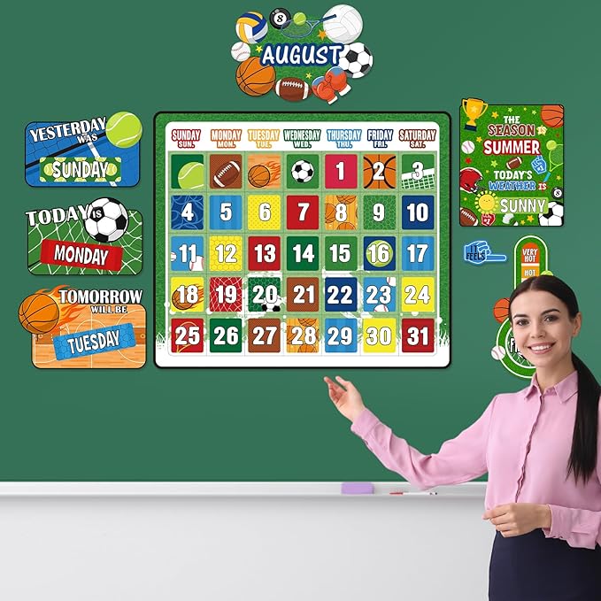 Cholemy 85 Pcs Calendar Bulletin Board Set Classroom Calendar Bulletin Board with Numbers Month Weather Classroom Decoration Wall Decor for Chalkboard Back to School Supplies(Sports)