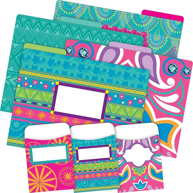 Barker Creek Designer File Folder and Library Pocket Set, Bohemian, 12 File Folders Printed on 14pt Stock and 30 Coordinating Peel & Stick Library Pockets, Home, School and Office Supplies (4410)