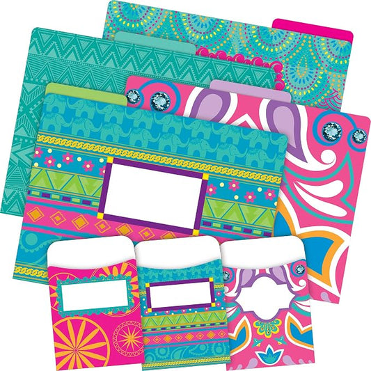 Barker Creek Designer File Folder and Library Pocket Set, Bohemian, 12 File Folders Printed on 14pt Stock and 30 Coordinating Peel & Stick Library Pockets, Home, School and Office Supplies (4410)