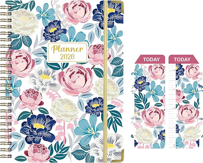 2026 Weekly and Monthly Planner, Medium 6.2 x 8.5 Inch, Hardcover with Floral Design, Jan-Dec Calendar, Spiral-Bound with Monthly Tabs, 100 GSM Paper (yellow flower) (rose pink flower)