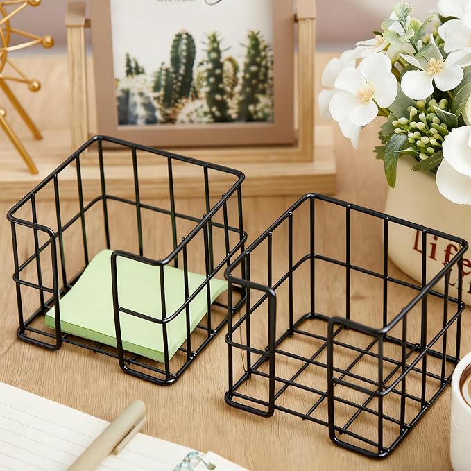 Harloon 2 Pcs Metal Sticky Note Holder 3.8 x 3.8 in Back to School Cute Memo Cube Dispenser Mesh Desk Organizer for Notepads Pens and Pencil Ideal for Classroom Office Supplies Home Storage(Black)