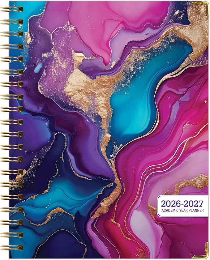HARDCOVER Academic Year 2026-2027 Planner: 14 Months (May 2026 Through June 2027) 8.5"x 11" Daily Weekly Monthly Planner Yearly Agenda. Bookmark, Pocket Folder and Sticky Note Set (Pink Purple Marble)