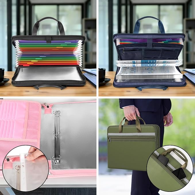 5200℉ Fireproof Document Organizer with 13 Accordion Expanding File Folder, Aluminum Foil Zipper Binder with 30 A4/Letter Sheet Protector, Binder for School Office Home Storage (Pink)