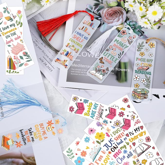 UV DTF Bookmark Wraps - 24 Sheets Book Lover Acrylic Bookmark Blanks Sticker, Reading UV DTF Transfer Stickers, Flower Wildflower Design for School DIY Project