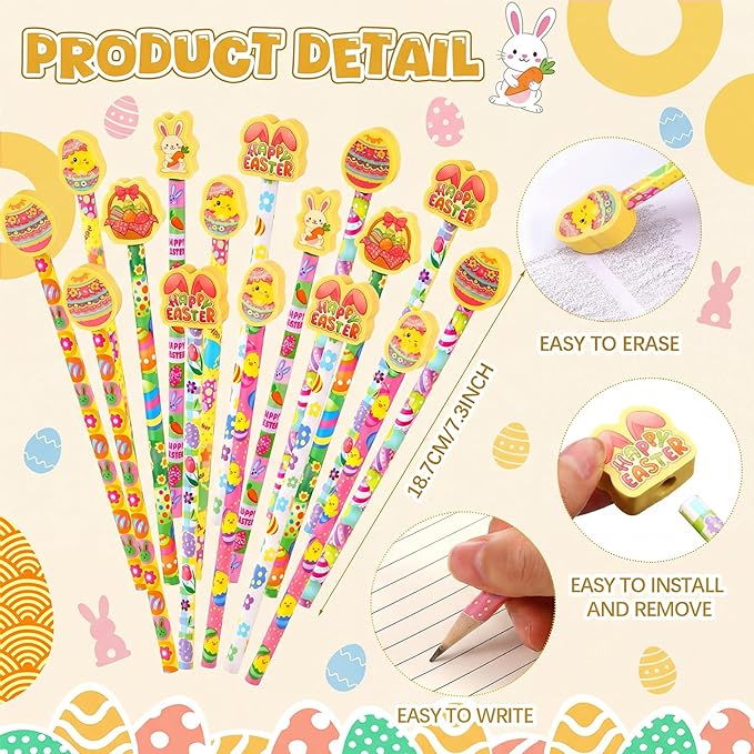 Gersoniel 36 Pcs Easter Pencils Set 18 Bunny Pencils 18 Happy Easter Erasers for Kids Student Classroom Rewards Basket Stuffers Party Favors School Gift Exchange Goodie Bags Filler Stationery