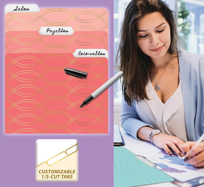 Better Office Products Decorative File Folders with Gold Foil, 18 Pack, 18 Geometric Designs (6 Ombre Color Themes) Heavyweight, Letter Size (9.5" x 11.5") with 1/3 Cut Tab