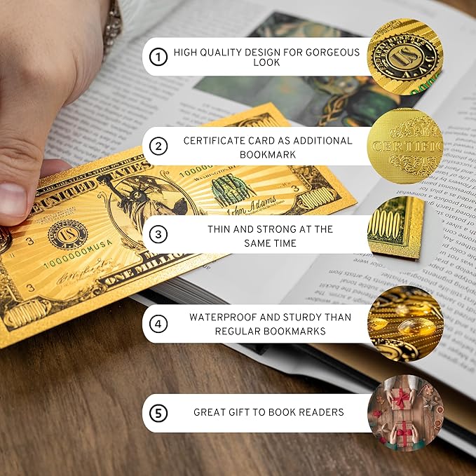 5 PCS One Million Gold Dollar Bill Bookmarks - Cool Bookmarks for Women, Men, Students & Readers - Unique Book Reading Accessories