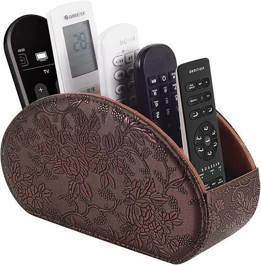 Tv Remote Holder Tray with 5 Compartment,PU Leather Remote Control Holder/Caddy,Placed Media Remote Storage Box/Glasses/Makeup Brush/Office Products/Desktop Organizers Nightstand Decoration (Retro)