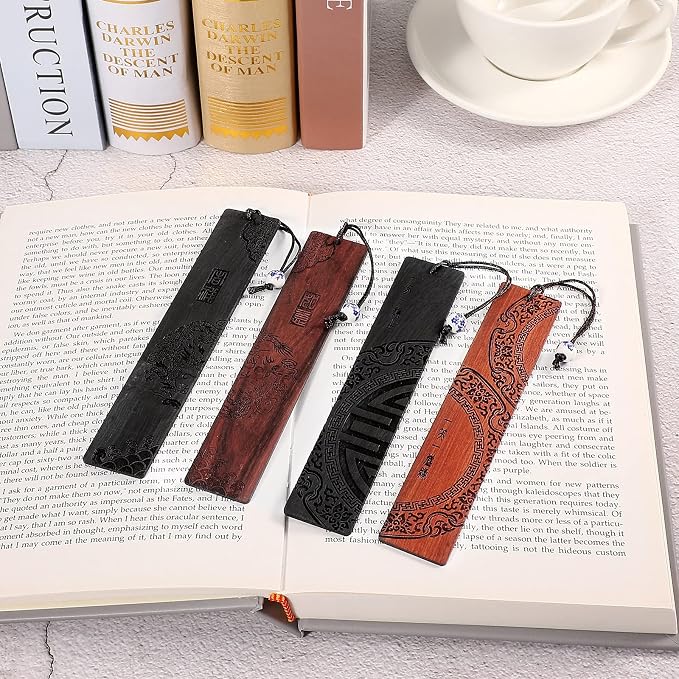 Outus 4 Pieces Wooden Bookmarks for Men Women Employee Father's Day Appreciation Gifts for Men Back to School Gifts Vintage Handmade Natural Carving for Book Lovers Birthday(Traditional Style)