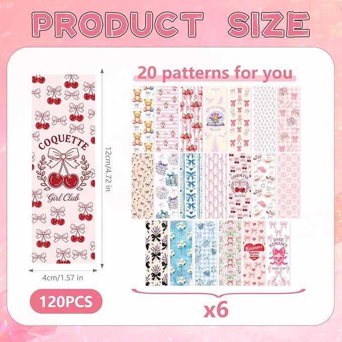 AFRTIEE Valentine Bookmark for Kids, 120 Pcs Pink Coquettte Bows Strawberry Paper Bulk Bookmark for Book Lovers, Dark Romance Book Club Paper Bookmarks Reading Accessories Gift for Women Teacher