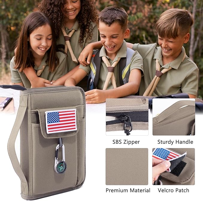 Handbook Book Cover Compatible with BoyScoouts Handbook with Amercan Flag Patch and Compass - Book Sleeve - Handbook Protector for Boys Girls