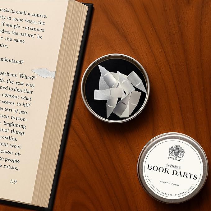 Finsbury Book Darts Stainless Steel Line Markers with Protective Tin - 60 Count - Precision Mini Book Mark Page Markers for Reading and Study - Reusable & Archival Quality (60 Pack)