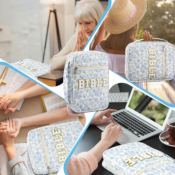 Sinload Quilted Bible Cover Case for Women Large Carrying Bag with Organizer Tabs 6 Colored Pens 6 Highlighters Book Tote Bags with Handle Bible Carry Supplies Christian Gifts(Blue Floral)