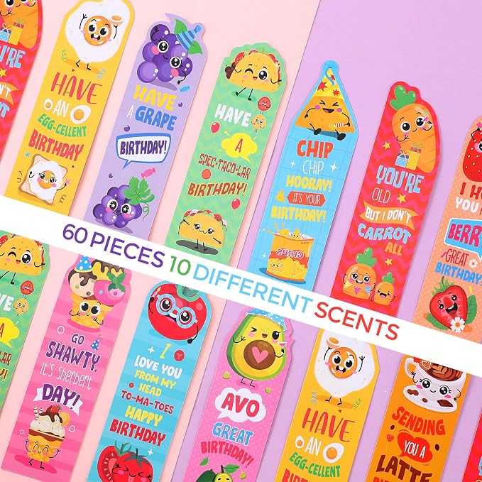 60 Pieces Happy Birthday Scented Bookmarks Fruit Food Themed Scented Birthday Bookmark Scratch and Sniff Bookmark with Funny Pun Sayings, Classroom Gifts for Kids Students Teacher Reward, 10 Styles
