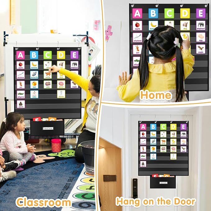 Standard Pocket Chart for Classroom 28"x28" Large 7 Pocket Charts with Card Storage Bag Sentence Strip Holder for Word Wall, Sight Words, Cards, Calendar, Daily Visual Schedule (Black)