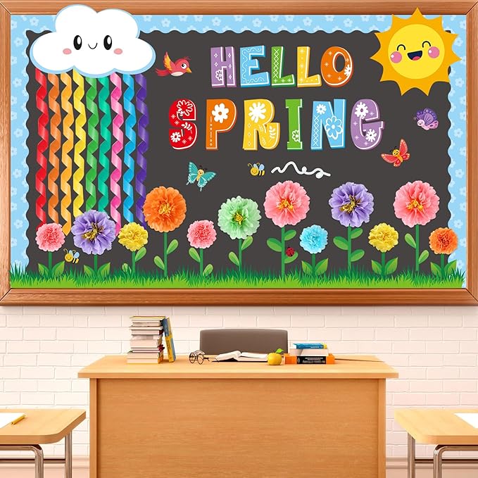 Spring Classroom Bulletin Board Decorations 3D Hello Spring Cutouts Floral Bulletin Board Set Flower Paper Pom Poms Craft for School Classroom Office Chalkboard Wall Door Decor Supplies