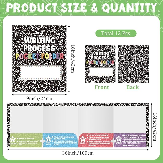 Cinrobiye 12 Pcs Composition Notebook Writing Process Pocket Folders,4 Colorful Labeled Pockets for Prewriting Drafting Revising Editing Classroom Homework Organizer School Supplies