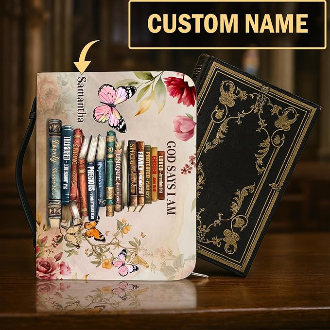 Personalized Man of God Bible Cover, God Says I Am Bible Case PU Leather, Bible Holder Handle Zipper, Faith Scripture with Name Case Bag, Religious Gifts for Church Christians Women Men (GOD-11)