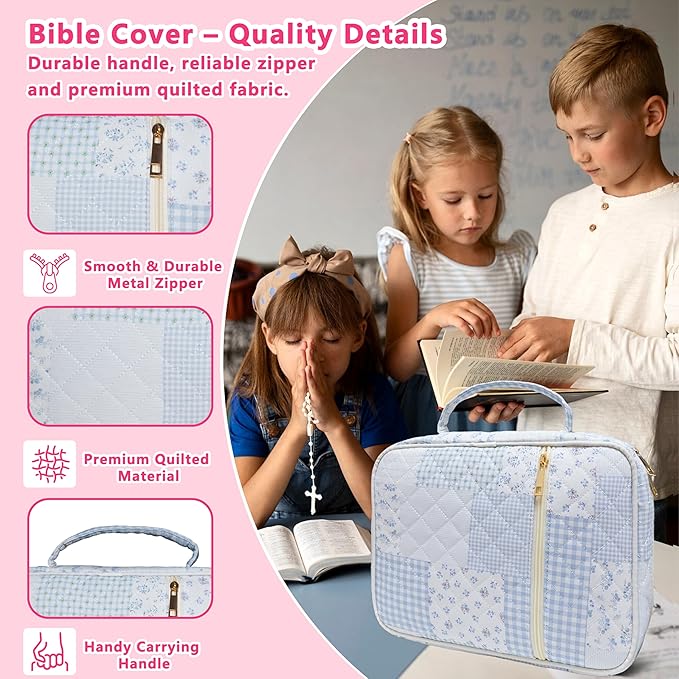 Bible Cover for Women, Large Quilted Case with Handle, Durable Bag and Carrying Case for Girls, Study Supplies Accessories, Christian Gift for Women (Blue Spliced Flower, Large-Bag Set)