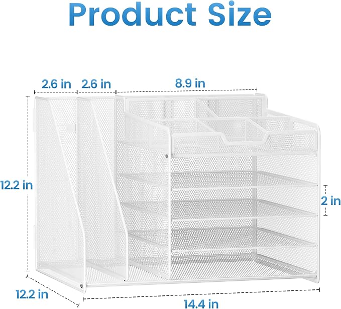 Lavatino 5-Tier Desk Organizer with 2 File Holders, Metal Adjustable Paper Letter Tray for Office or Home Desk Organizers and Accessories | 7 Flexible Dividers Keep Workspace Supplies Neat, White